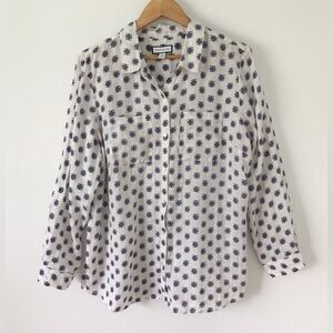 Charter Club Top Sz XL Women’s White Blue Printed 100% Linen Roll Tab Relaxed